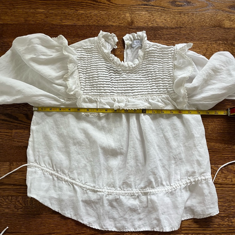 MNG White Linen Smocked Blouse Puff Sleeve Ruffle Neck Vintage-Inspired Crop Top - Picture 7 of 8